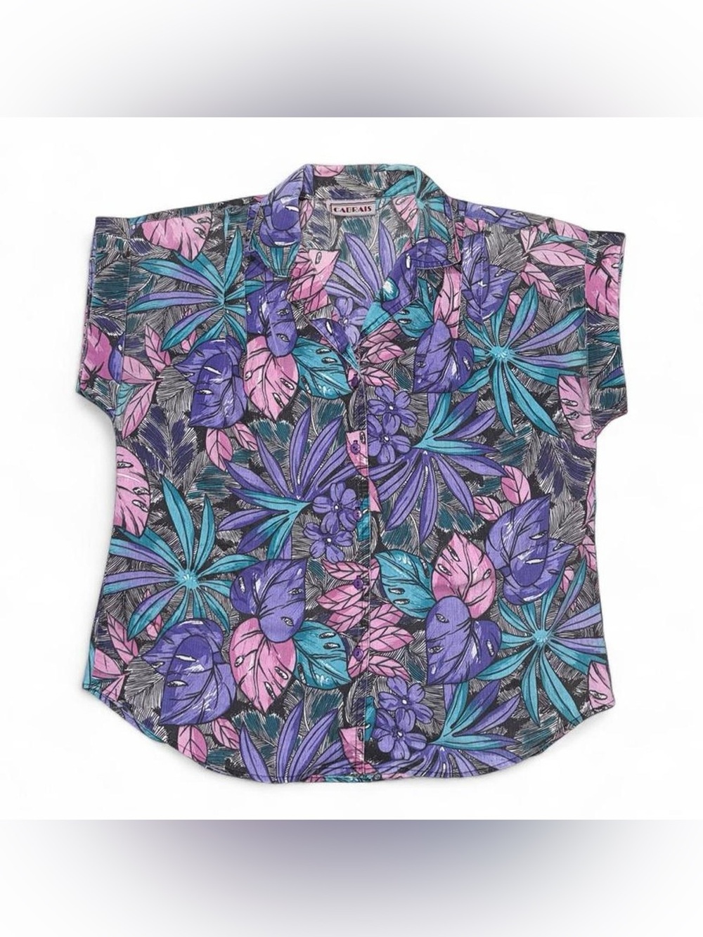 Casual Floral Button-Down Shirt in Purple, Teal & Pink